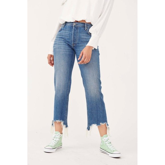Free People We The Free Womens Maggie Mid Rise Straight Leg Jeans Frayed size 24 - Picture 1 of 13